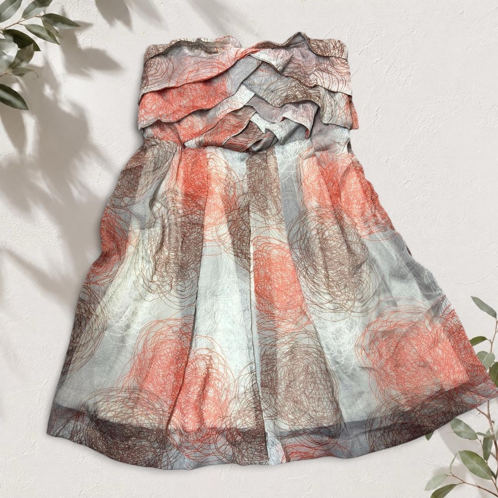 Daytrip Abstract Scribble Print Strapless Ruffle Fairycore Mini Dress Gray Red M